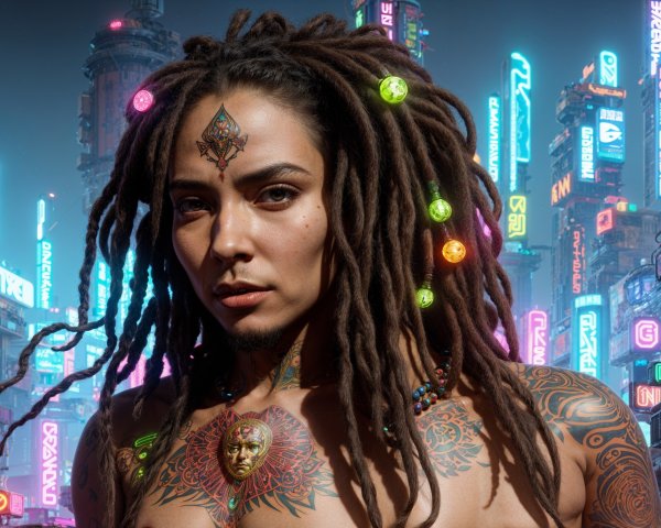 Striking figure with dreadlocks in a neon cityscape