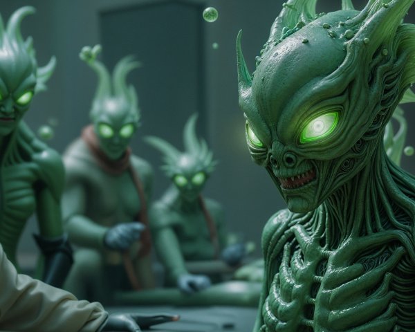 Alien Figures with Glowing Eyes in Dimly Lit Room