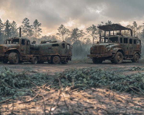 Vintage military vehicles in a misty forest clearing