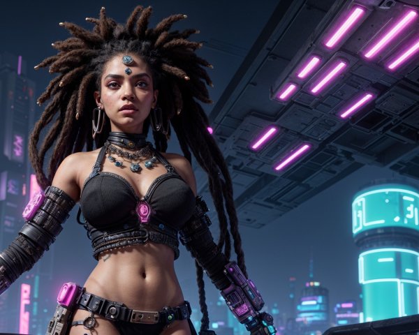 Confident Woman in Futuristic Urban Landscape
