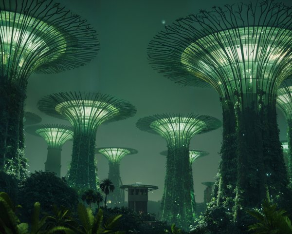 Futuristic glowing tree-like structures in misty setting