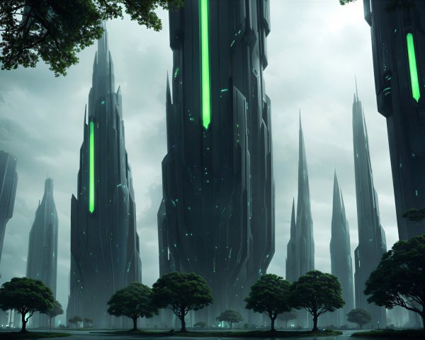 Futuristic landscape with spires and glowing lines