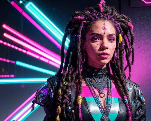 Confident Young Woman with Colorful Dreadlocks in Neon