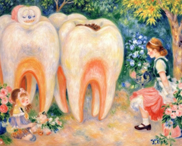 Whimsical garden scene with oversized cartoon teeth
