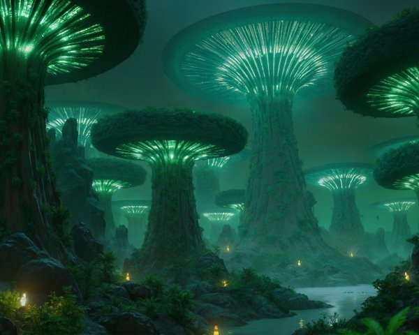Bioluminescent Mushrooms in a Mystical Landscape