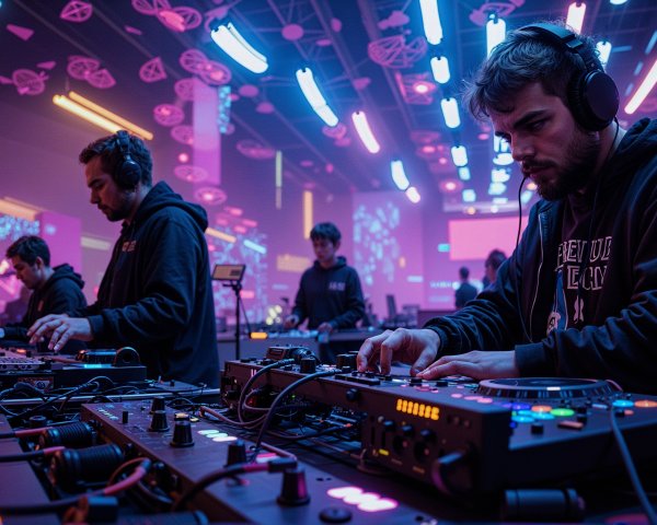 Vibrant Electronic Music Event with Multiple DJs