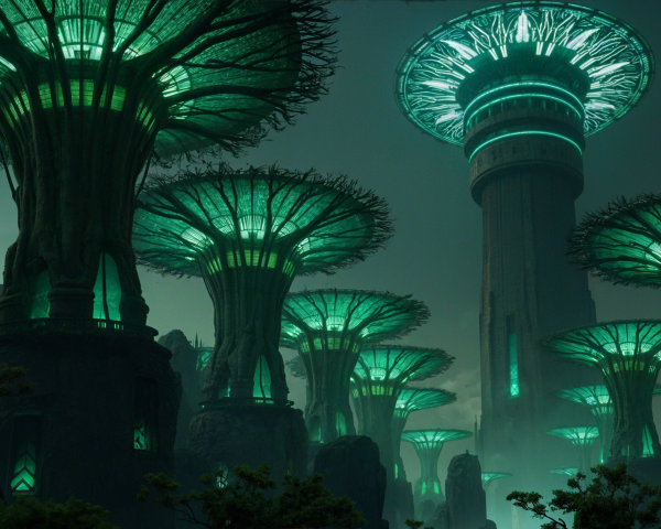 Surreal Landscape with Glowing Trees and Misty Rocks