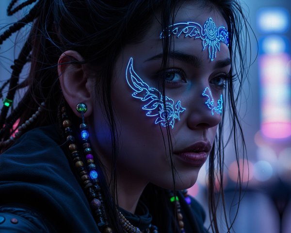 Young woman with glowing tattoos in urban setting