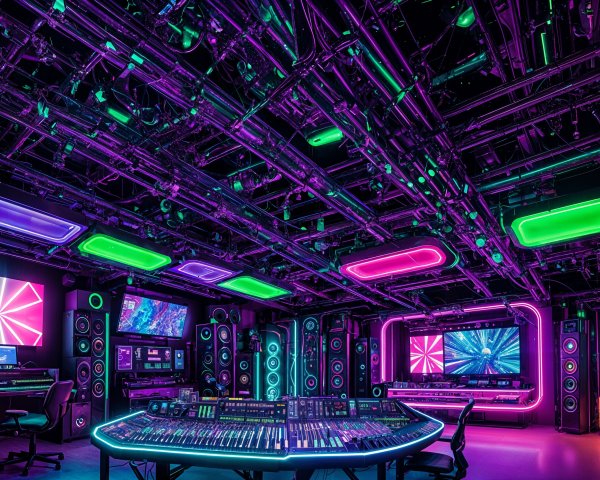 Vibrant Music Studio with Neon Lighting and Mixing Console