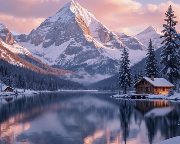 Tranquil Winter Lake with Snow-Capped Mountains