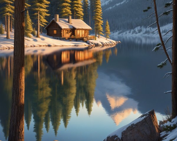 Serene Winter Landscape with Cozy Log Cabin and Lake
