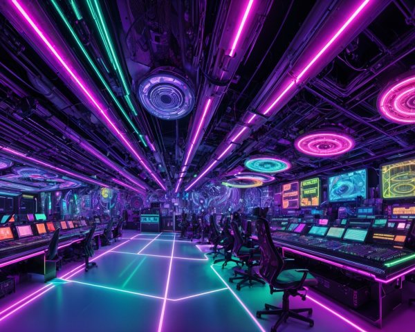 Futuristic control room with neon lights and sleek consoles
