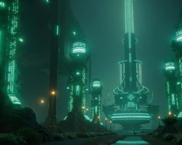 Futuristic Misty Landscape with Towering Structures