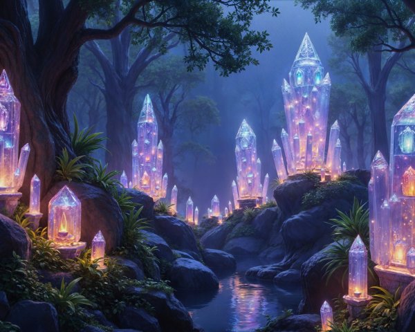 Mystical Forest with Glowing Crystal Formations