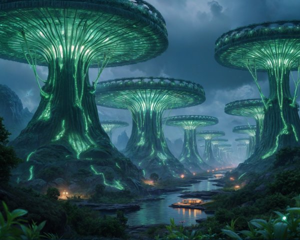 Luminescent Trees and Serene River in Mystical Landscape