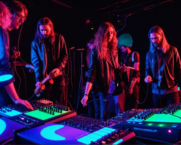 Musicians Collaborating in Neon-Lit Electronic Space