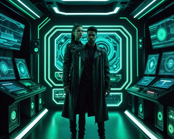 Futuristic Duo in Neon-Lit Tech Environment
