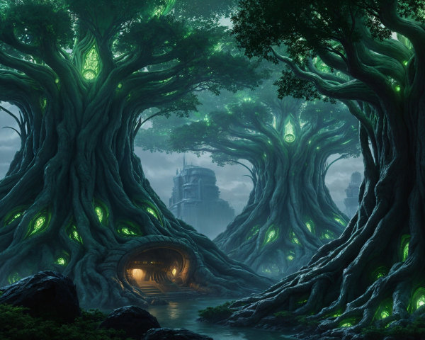 Mystical forest with glowing trees and ancient ruins