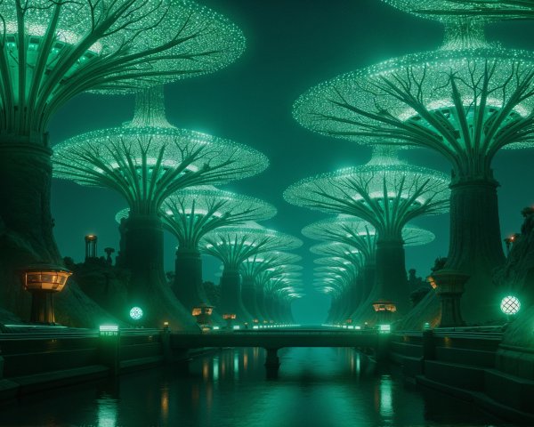 Surreal Landscape with Glowing Trees and Ethereal Light