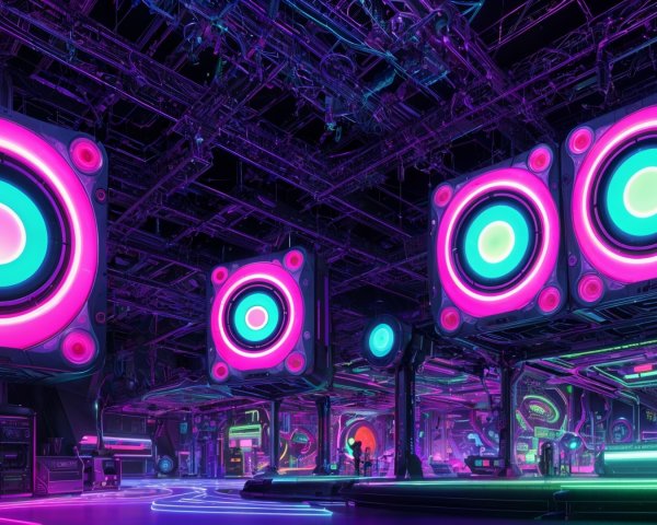 Futuristic Nightclub with Neon Lights and Speakers
