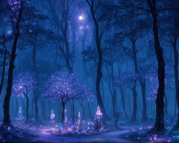 Mystical forest with blue hues and purple foliage
