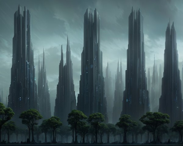 Futuristic Skyline with Jagged Skyscrapers and Trees