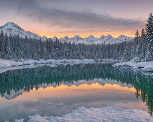 Serene Winter Landscape with Lake and Snowy Mountains