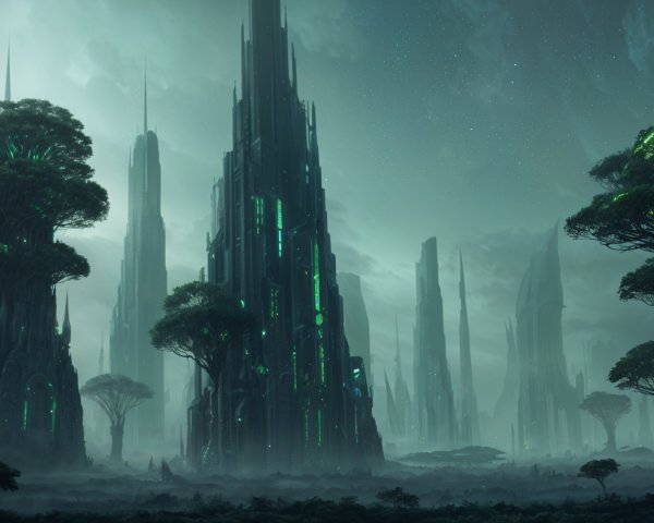 Mysterious Landscape with Skyscrapers and Ancient Trees