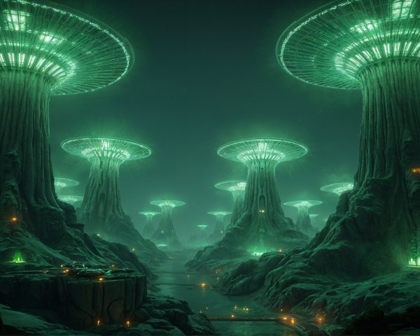 Surreal Landscape with Bioluminescent Trees and Waterway