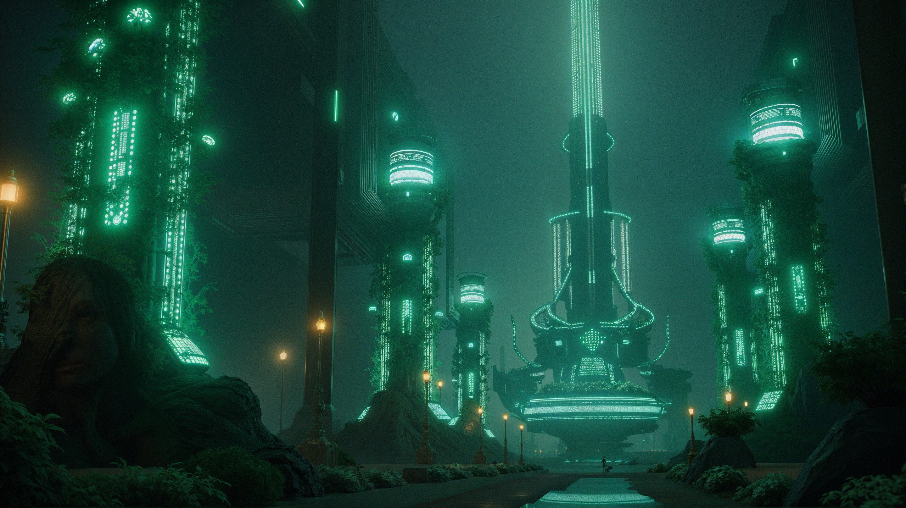 Futuristic Misty Landscape with Towering Structures