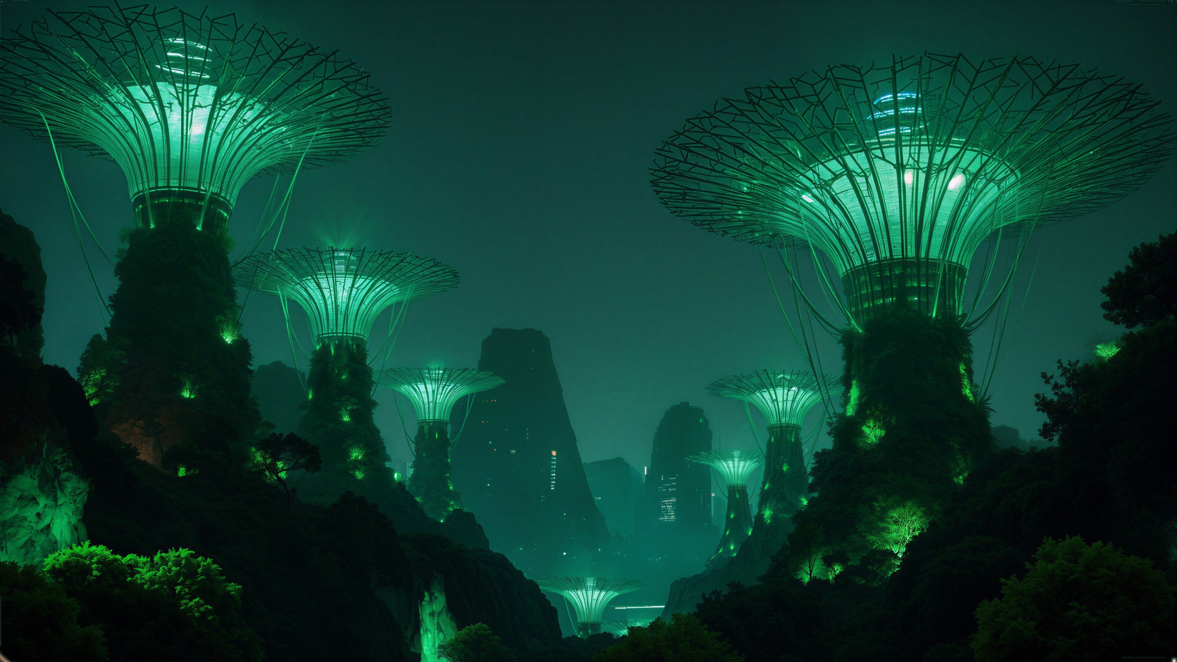 Surreal Landscape with Glowing Tree-Like Structures