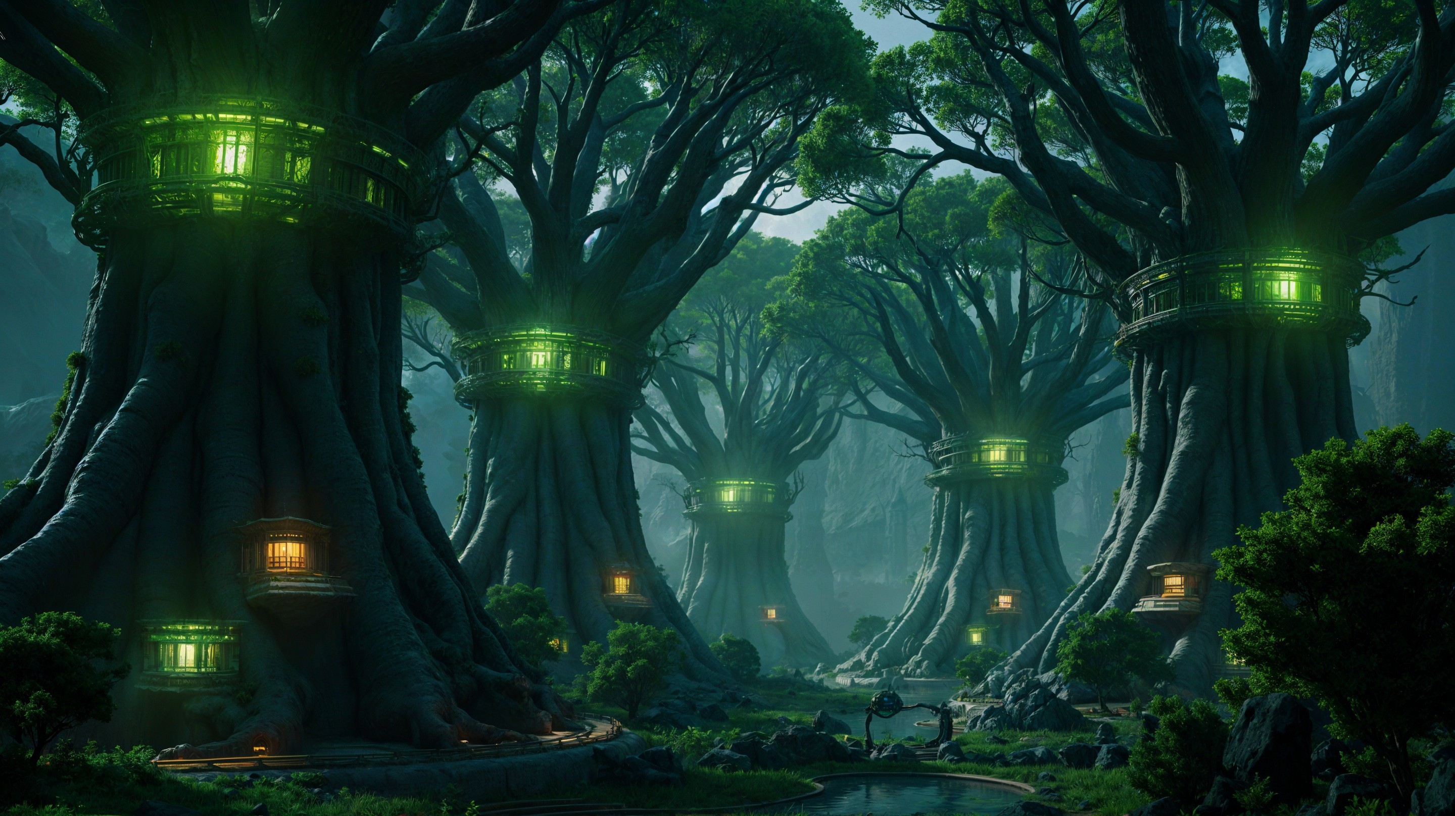 Mystical Forest with Glowing Lanterns and Cozy Dwellings