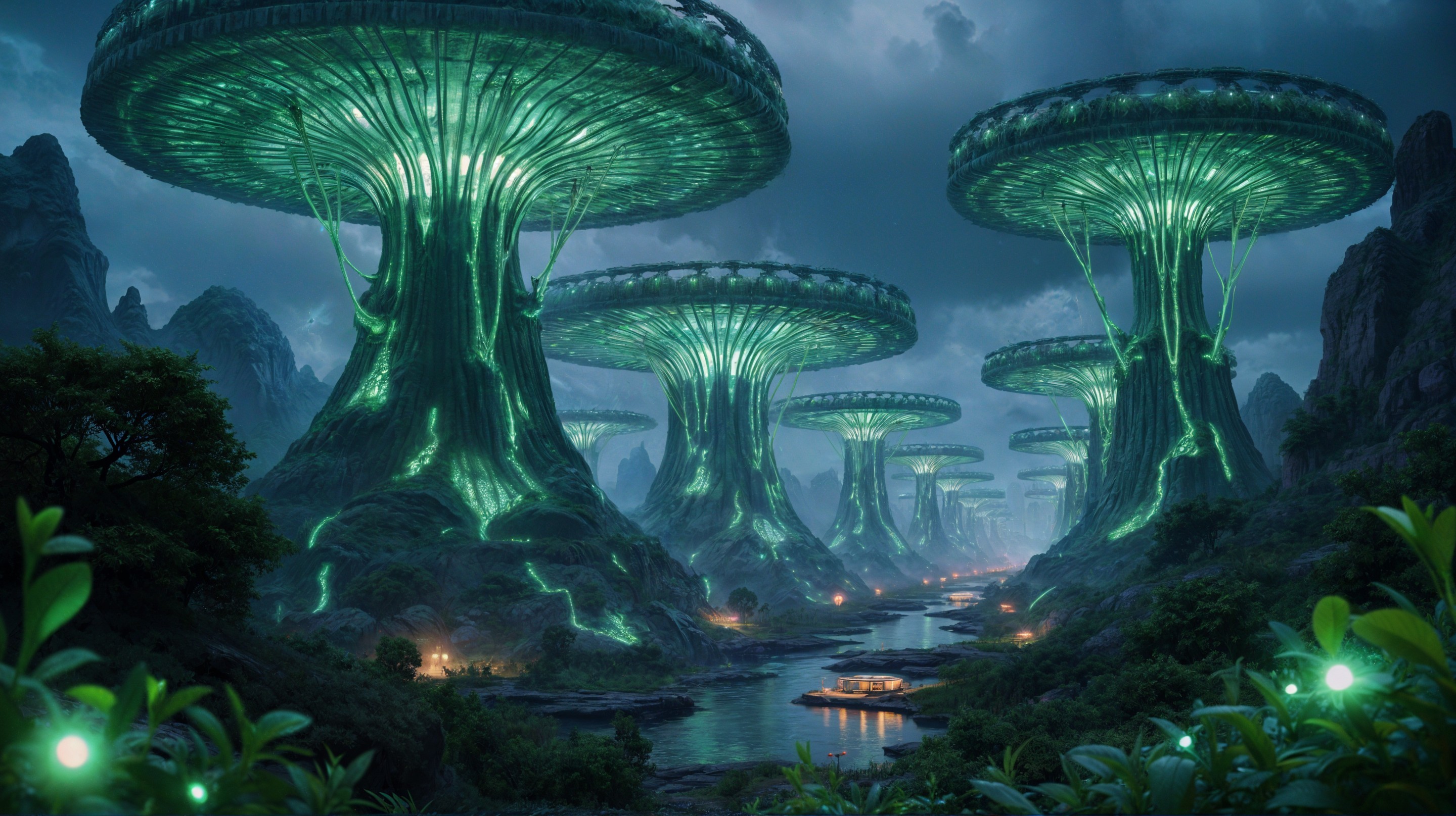 Luminescent Trees and Serene River in Mystical Landscape