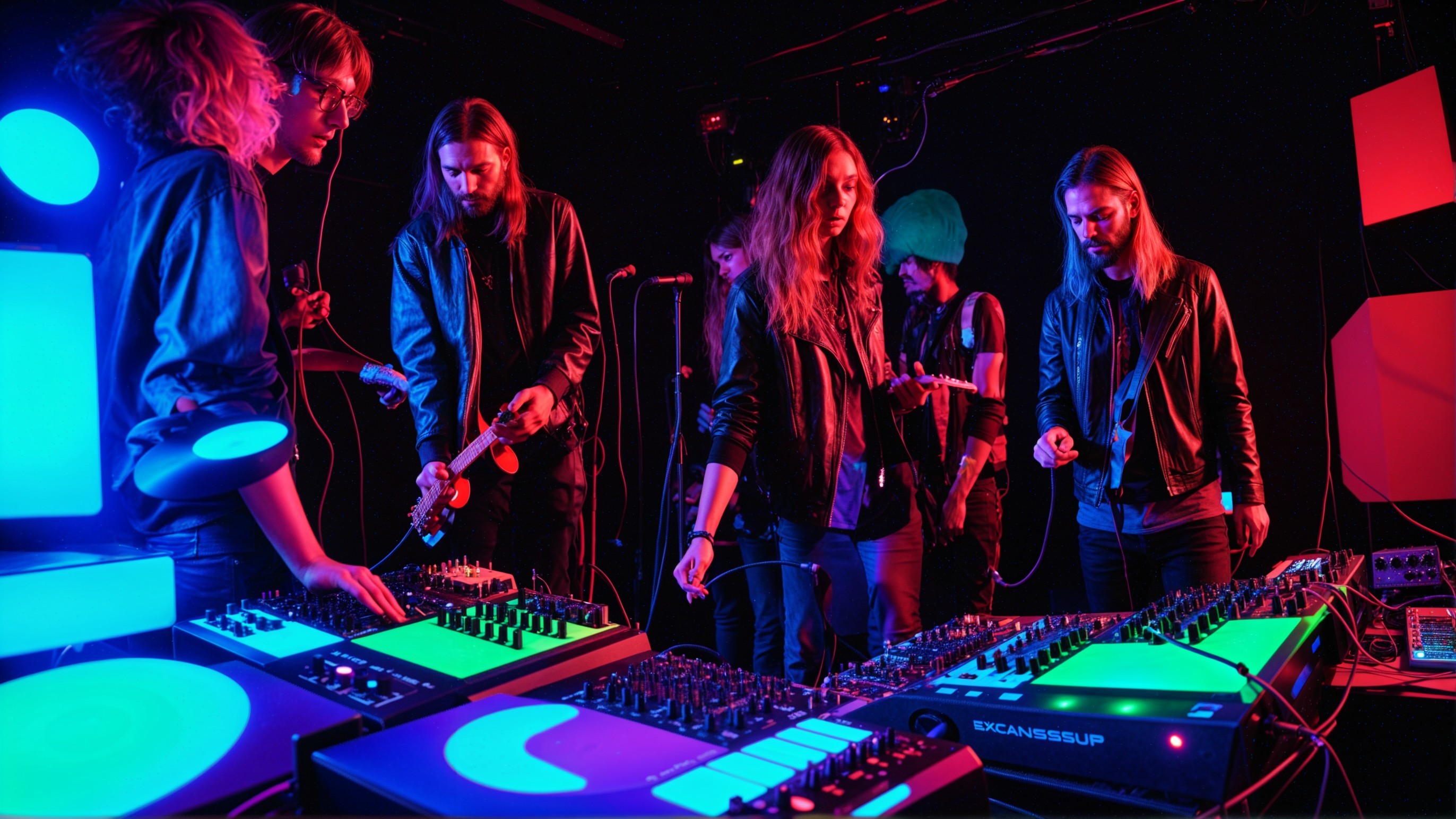 Musicians Collaborating in Neon-Lit Electronic Space