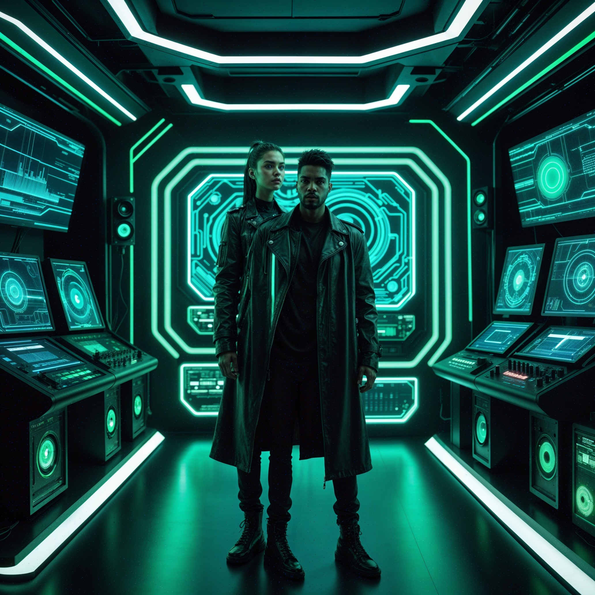 Futuristic Duo in Neon-Lit Tech Environment