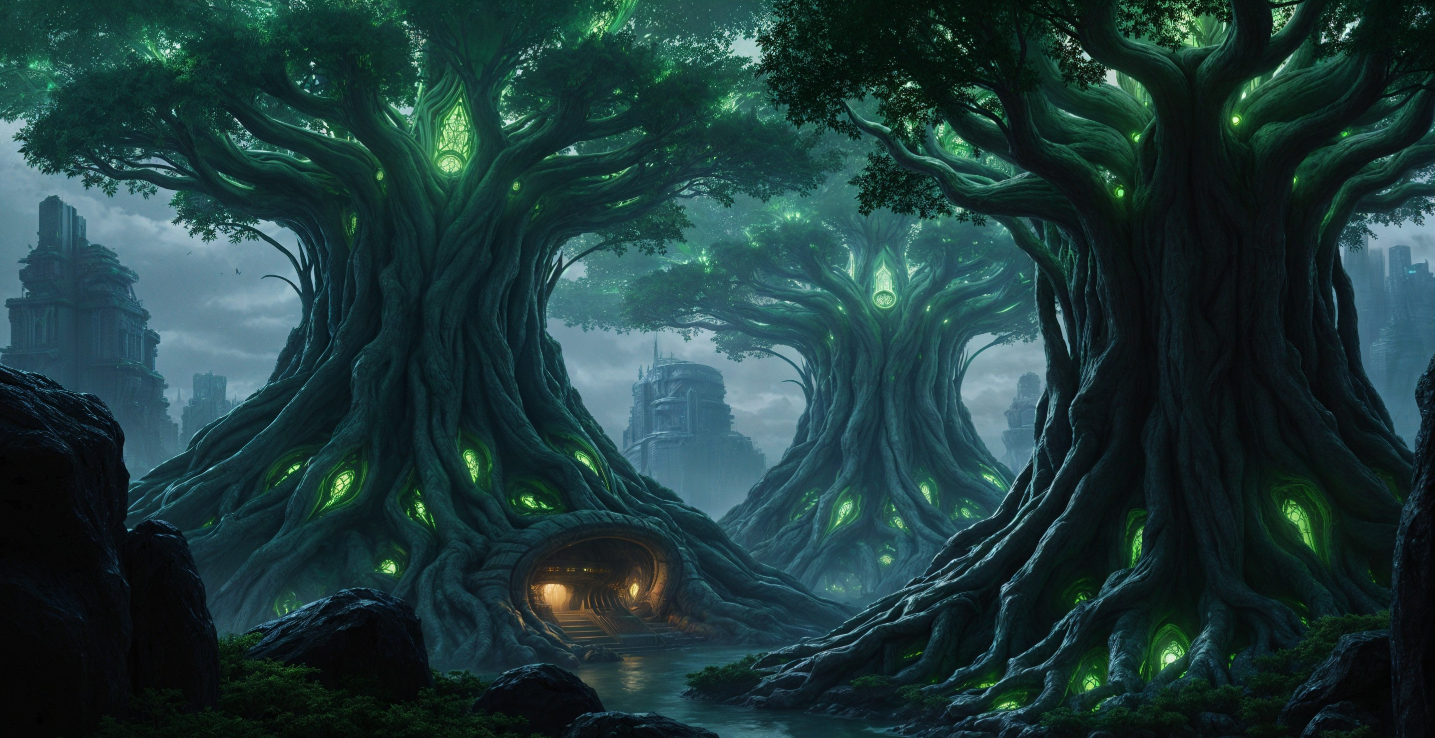 Mystical forest with glowing trees and ancient ruins