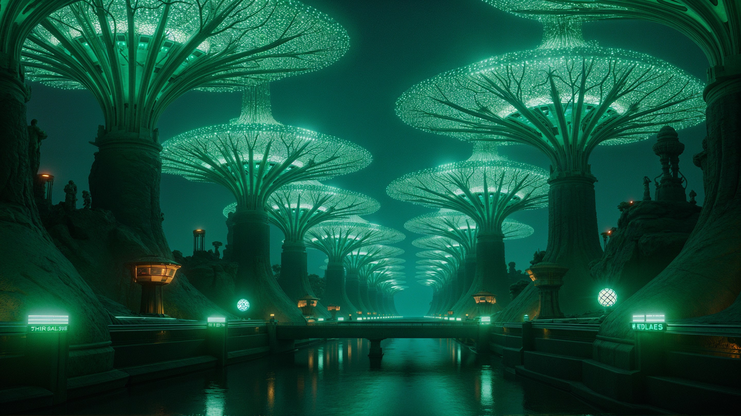 Surreal Landscape with Glowing Trees and Ethereal Light