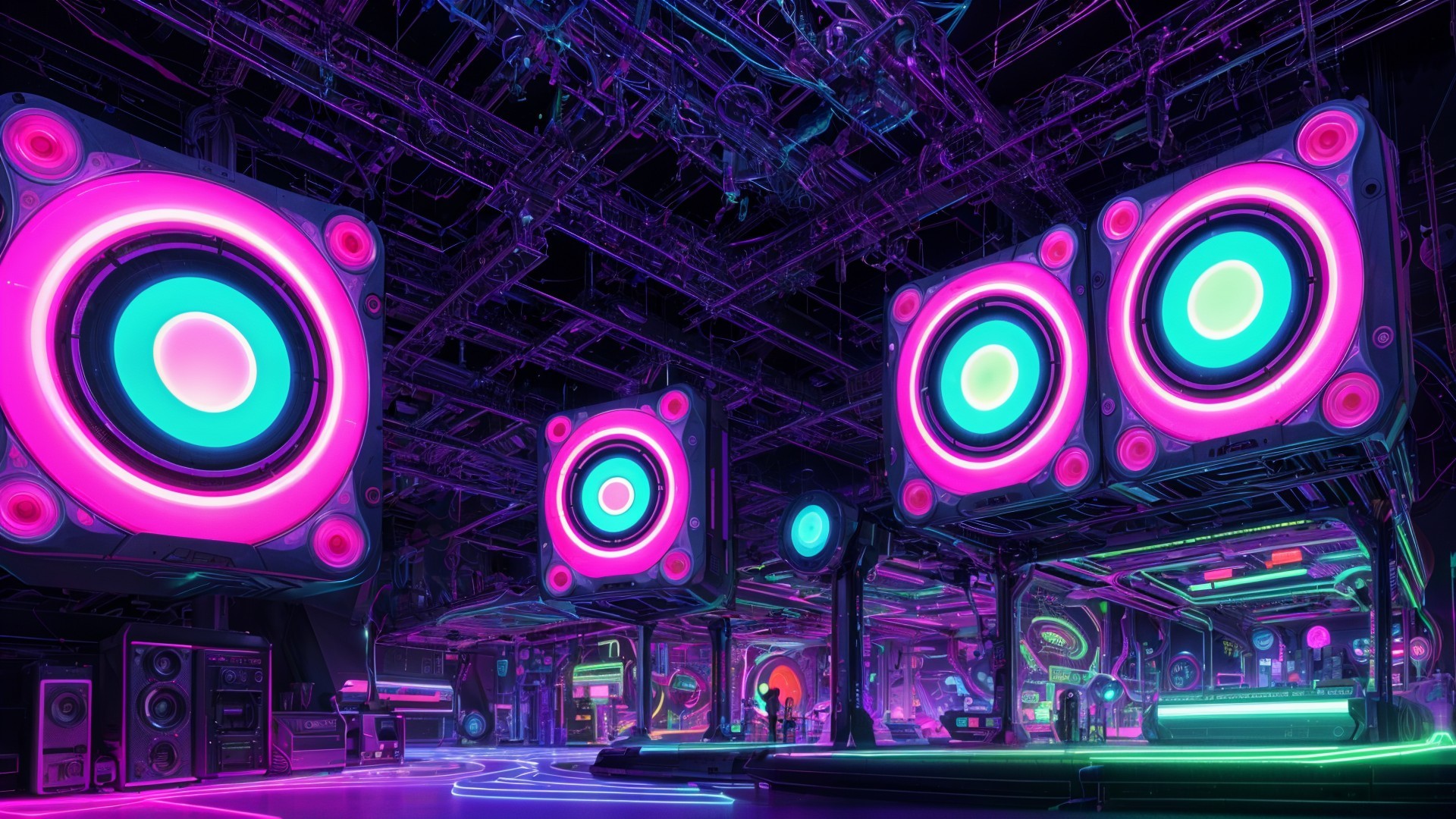 Futuristic Nightclub with Neon Lights and Speakers