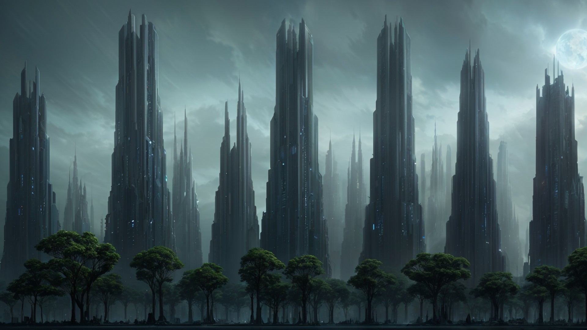 Futuristic Skyline with Jagged Skyscrapers and Trees