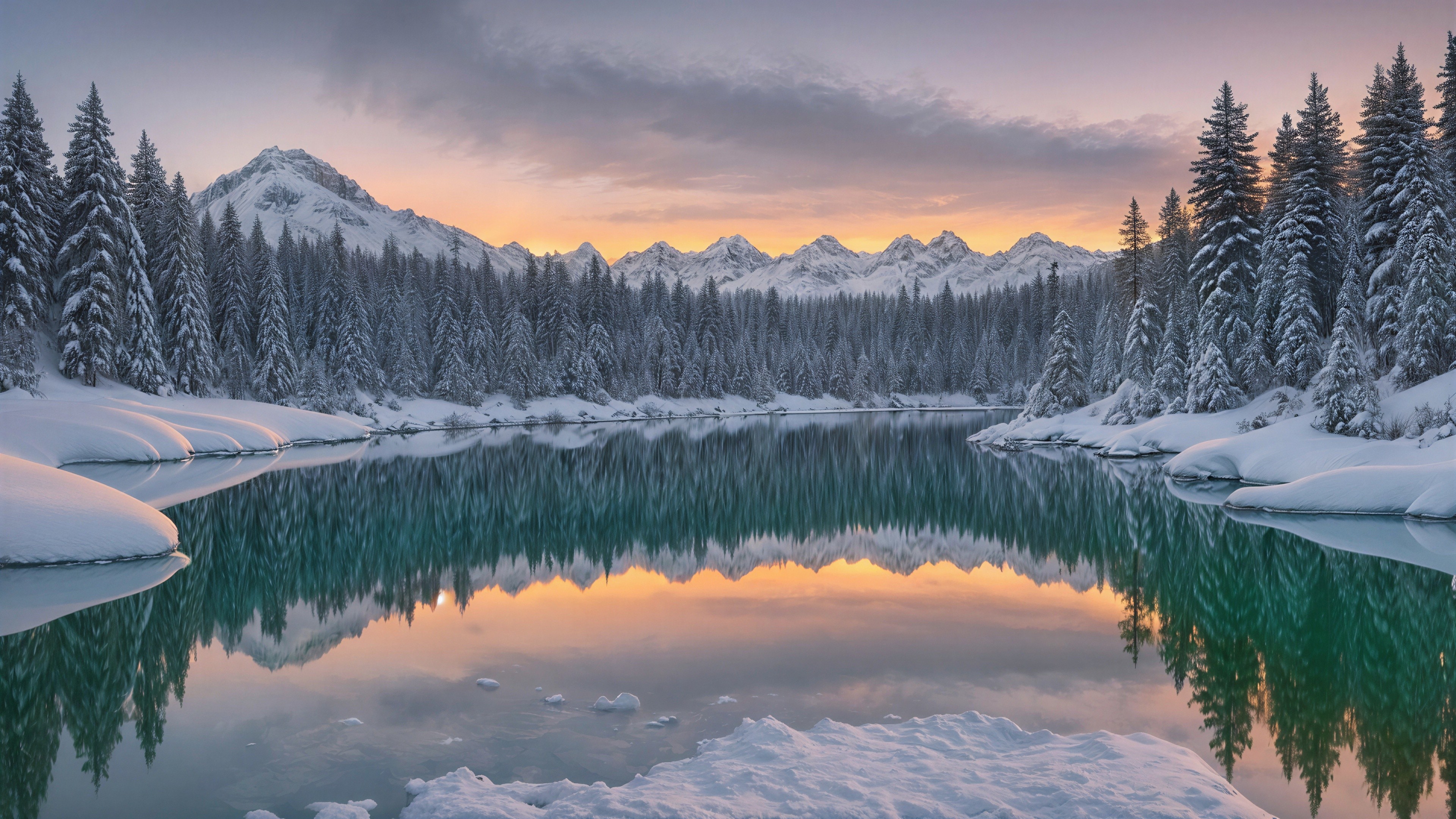 Serene Winter Landscape with Lake and Snowy Mountains