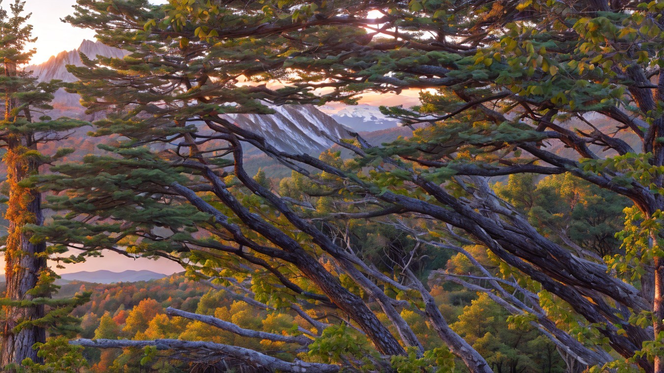 Sunset Landscape with Gnarled Trees and Mountains