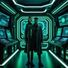 Futuristic Duo in Neon-Lit Tech Environment