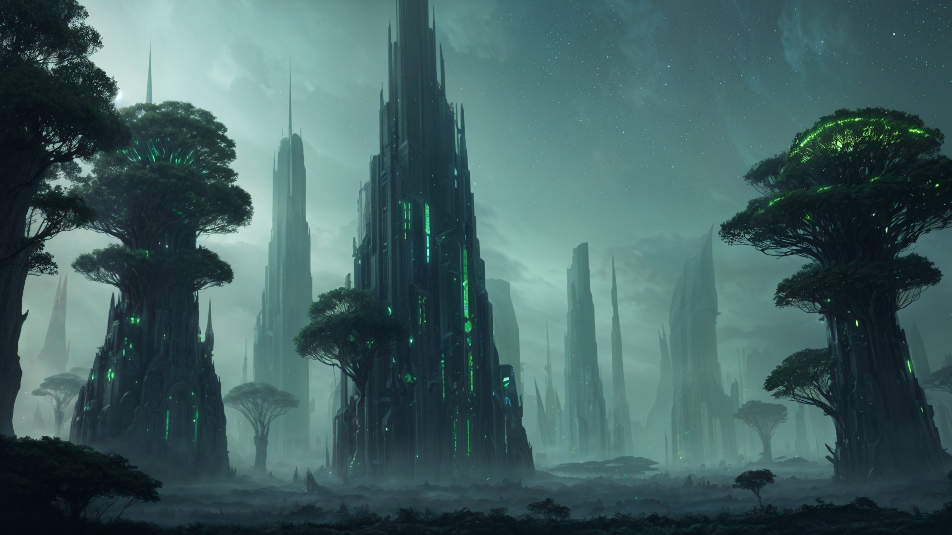 Mysterious Landscape with Skyscrapers and Ancient Trees