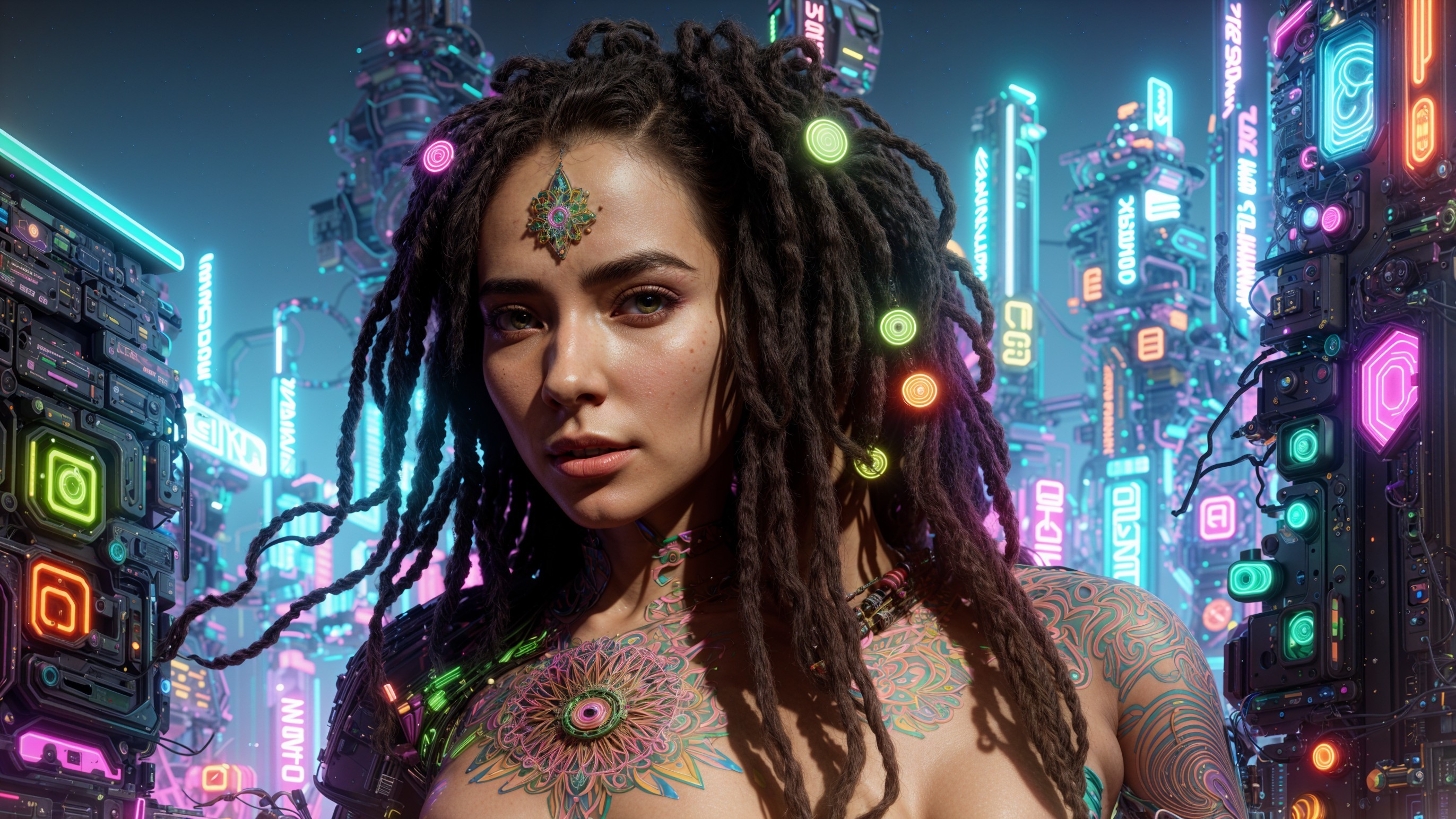 Woman with Body Art in Futuristic Cityscape