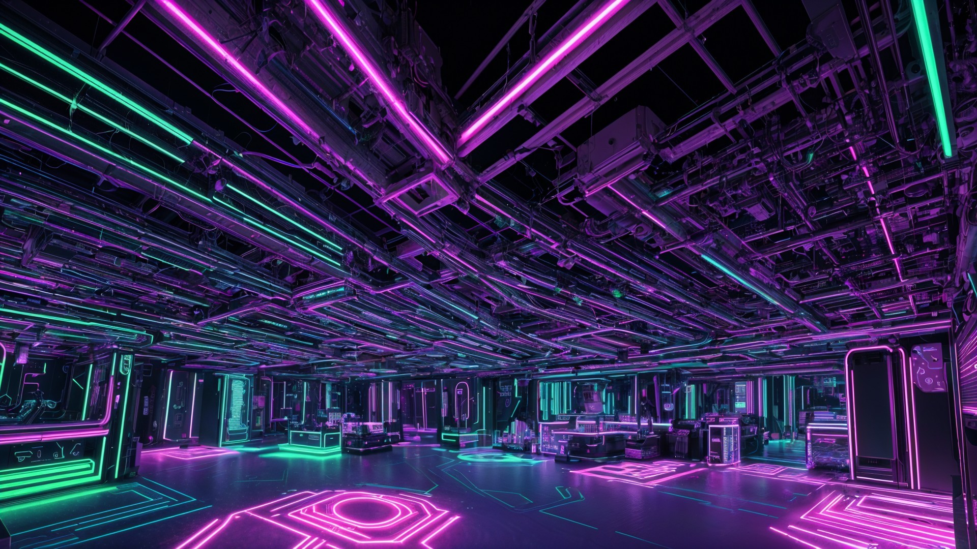 Futuristic Room with Neon Pipes and Geometric Patterns