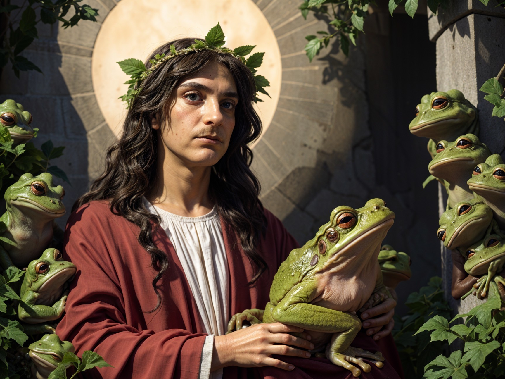 Serene Figure with Frogs and Lush Greenery Scene