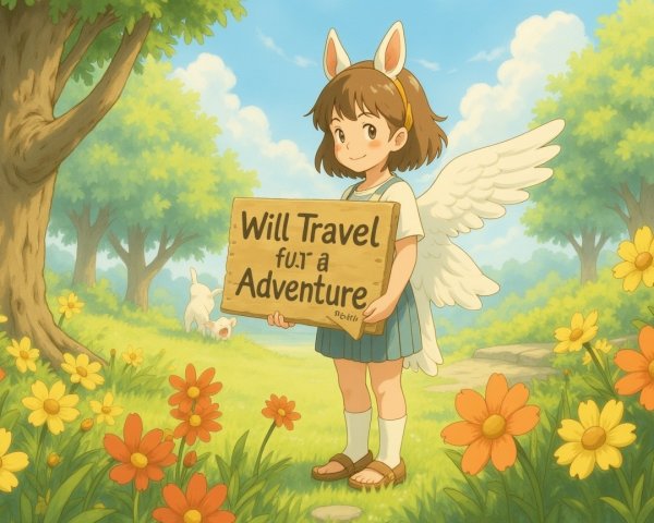 Cheerful girl with rabbit ears in a flower meadow