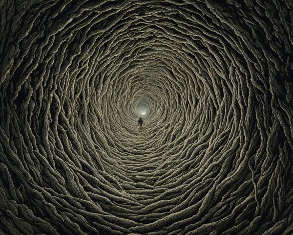 Solitary Figure in a Spiraling Organic Tunnel