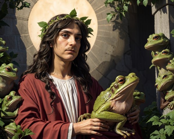 Serene Figure with Frogs and Lush Greenery Scene