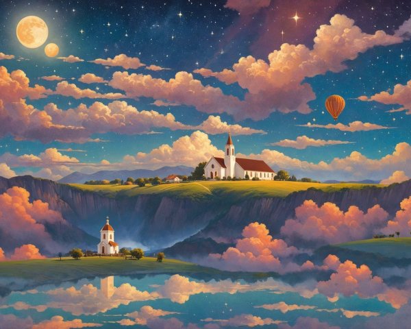 Tranquil Landscape with Churches and Starry Sky